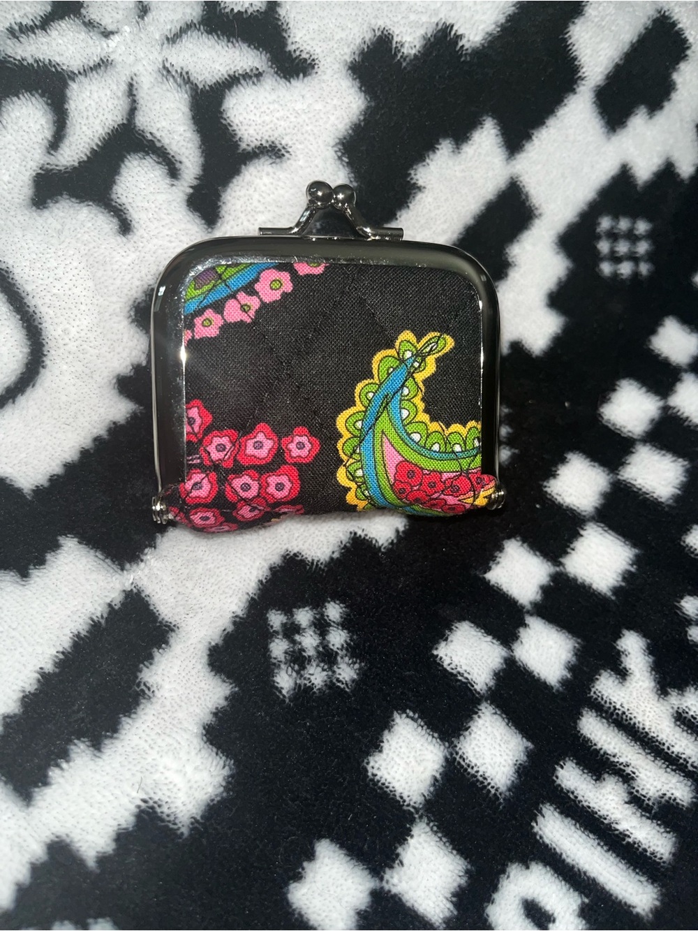Vera Bradley Black Coin Purse with Pink Yellow Green Paisley